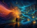Abstract digital painting at night: a lone person raises a glowing spark that lights a constellation of concept nodes; a warm stream of particles pours into it from the left, while blue rivers of light wind through a city where small robots tend glowing glass cubes of experiments