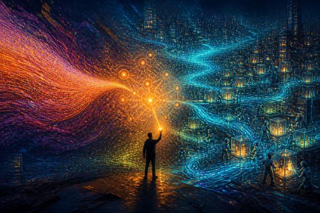 Abstract digital painting at night: a lone person raises a glowing spark that lights a constellation of concept nodes; a warm stream of particles pours into it from the left, while blue rivers of light wind through a city where small robots tend glowing glass cubes of experiments