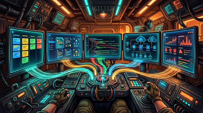 Stylized mission control cockpit with multiple glowing screens showing Jira boards, code diffs, cloud infrastructure diagrams, and security dashboards, all connected by luminous data streams through a central console