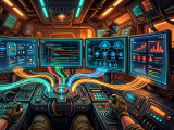 Stylized mission control cockpit with multiple glowing screens showing Jira boards, code diffs, cloud infrastructure diagrams, and security dashboards, all connected by luminous data streams through a central console