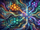 Abstract digital art showing a central control plane connected to many glowing agent-like nodes through colorful flowing protocol streams.