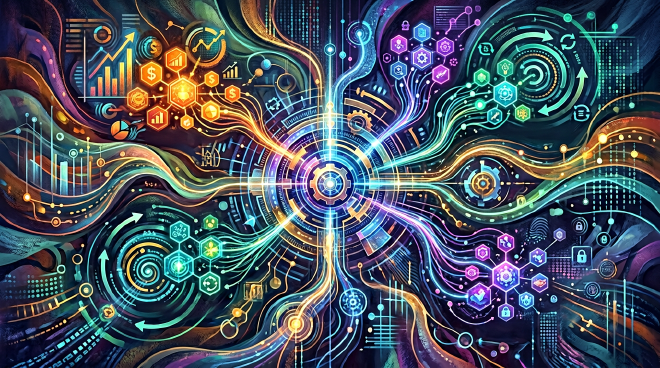 Abstract digital art showing a central control plane connected to many glowing agent-like nodes through colorful flowing protocol streams.