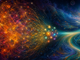 Abstract digital art of dense attention lines compressing into a compact constellation of concept nodes that continue as a long stream of light