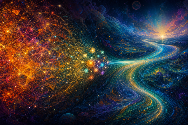 Abstract digital art of dense attention lines compressing into a compact constellation of concept nodes that continue as a long stream of light