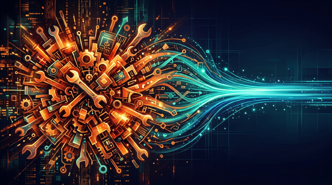 Abstract digital art showing a chaotic cluster of tools converging into a single clean stream of light, representing tool pollution vs focused capabilities