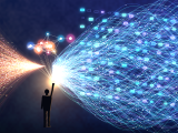 Abstract digital art: a warm stream of text-like particles compresses into a small bright constellation of concept nodes, held up by a lone silhouette, while cool blue streams weave through a grid of glowing cells