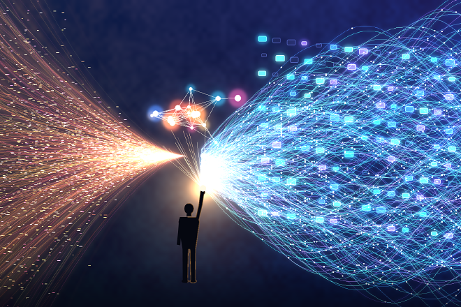Abstract digital art: a warm stream of text-like particles compresses into a small bright constellation of concept nodes, held up by a lone silhouette, while cool blue streams weave through a grid of glowing cells