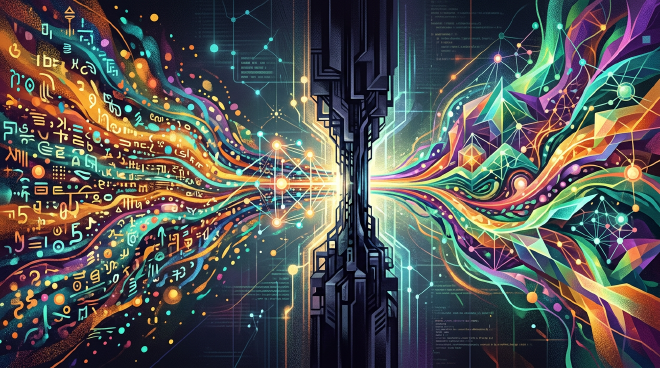 Abstract colorful streams compressing through a narrow concept bottleneck and expanding into richer geometric structure