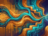 Abstract digital painting of two intertwining audio streams — warm orange and electric teal — representing competing speech-to-speech AI architectures.