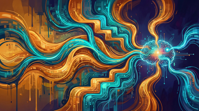 Abstract digital painting of two intertwining audio streams — warm orange and electric teal — representing competing speech-to-speech AI architectures.