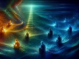 Abstract digital painting: glowing human silhouettes linked by warm orange threads of light drift apart into isolated figures lit by cool blue light, with a fading ladder of light between them