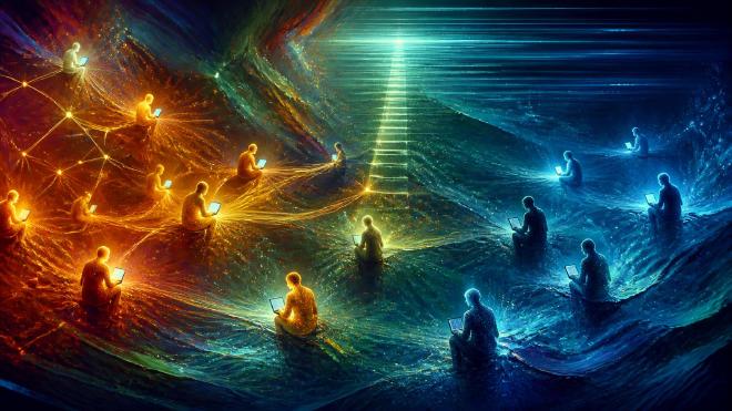 Abstract digital painting: glowing human silhouettes linked by warm orange threads of light drift apart into isolated figures lit by cool blue light, with a fading ladder of light between them
