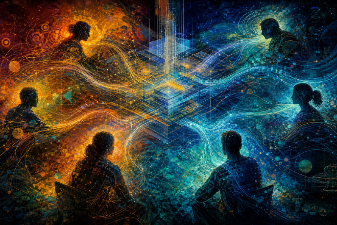 Abstract digital art of human silhouettes connected by luminous data streams into a shared architectural blueprint, warm oranges merging into deep teals and blues