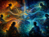 Abstract digital art of human silhouettes connected by luminous data streams into a shared architectural blueprint, warm oranges merging into deep teals and blues